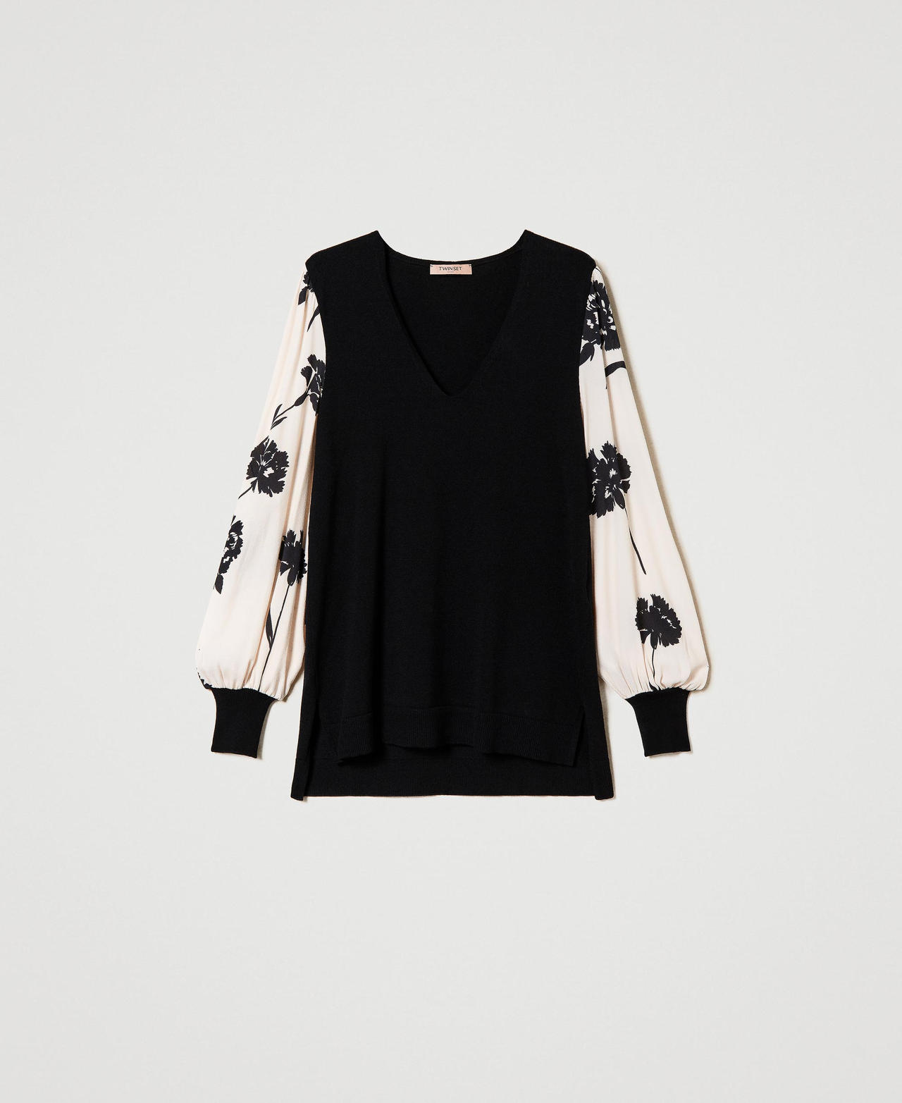 Jumper with printed crêpe sleeves