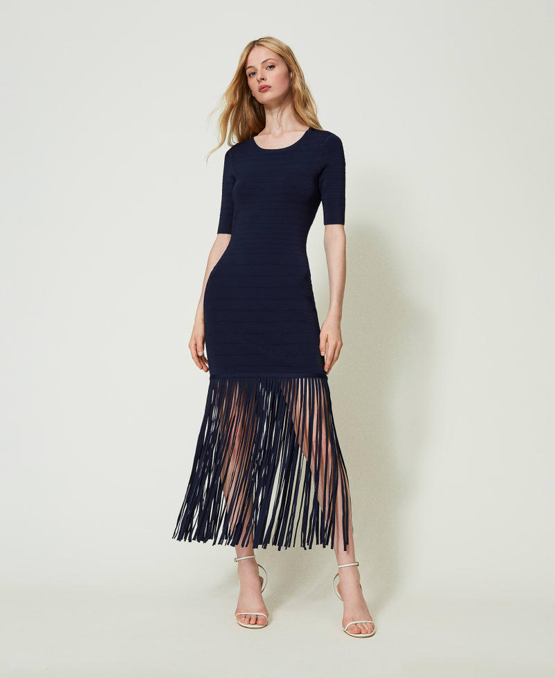 Short fitted knit dress with fringes Midnight Blue Woman 241TP3350_00305_01