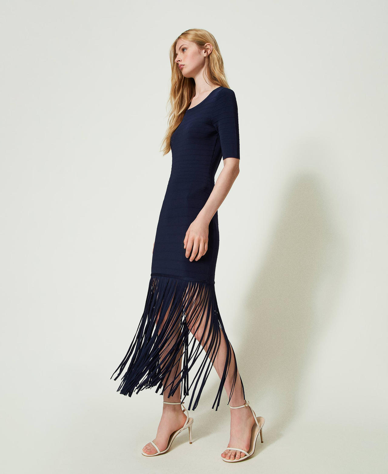 Short fitted knit dress with fringes Midnight Blue Woman 241TP3350-02