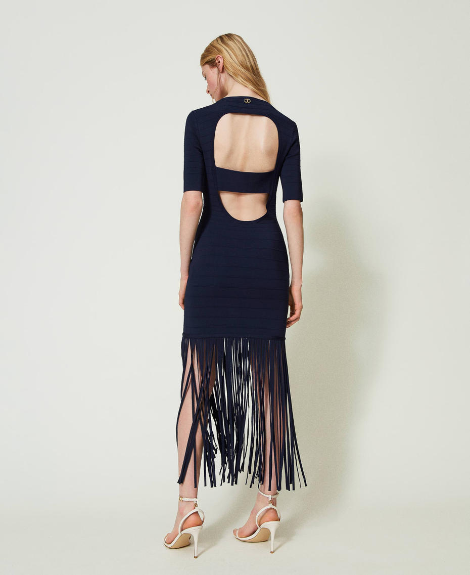 Short fitted knit dress with fringes Midnight Blue Woman 241TP3350_00305_03