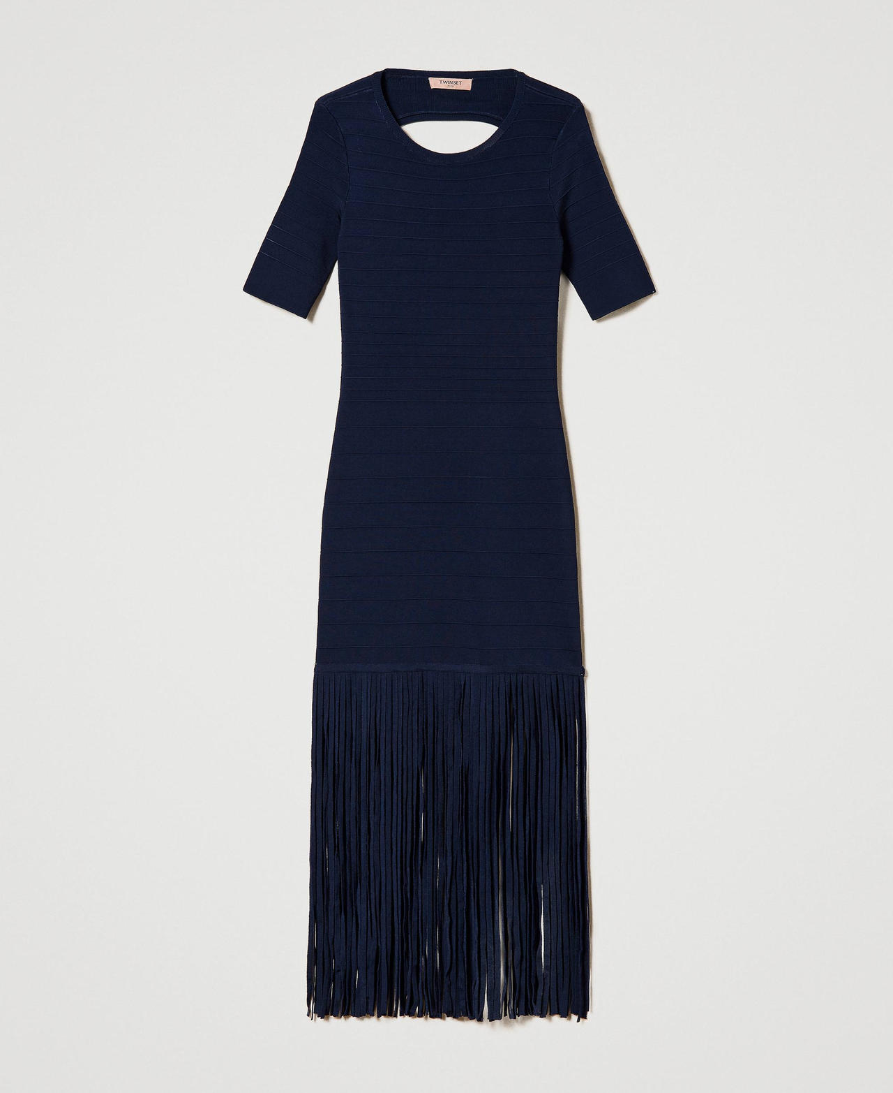 Short fitted knit dress with fringes Midnight Blue Woman 241TP3350_00305_0S