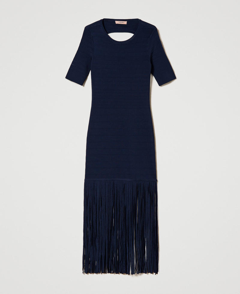 Short fitted knit dress with fringes Midnight Blue Woman 241TP3350-0S