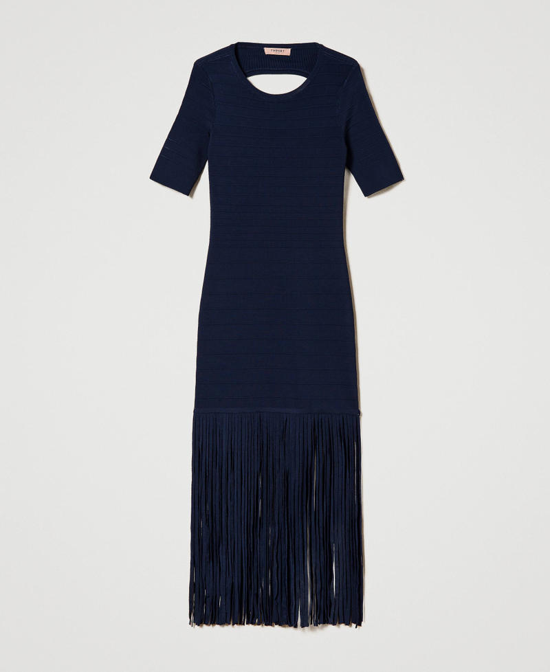 Short fitted knit dress with fringes Midnight Blue Woman 241TP3350_00305_0S