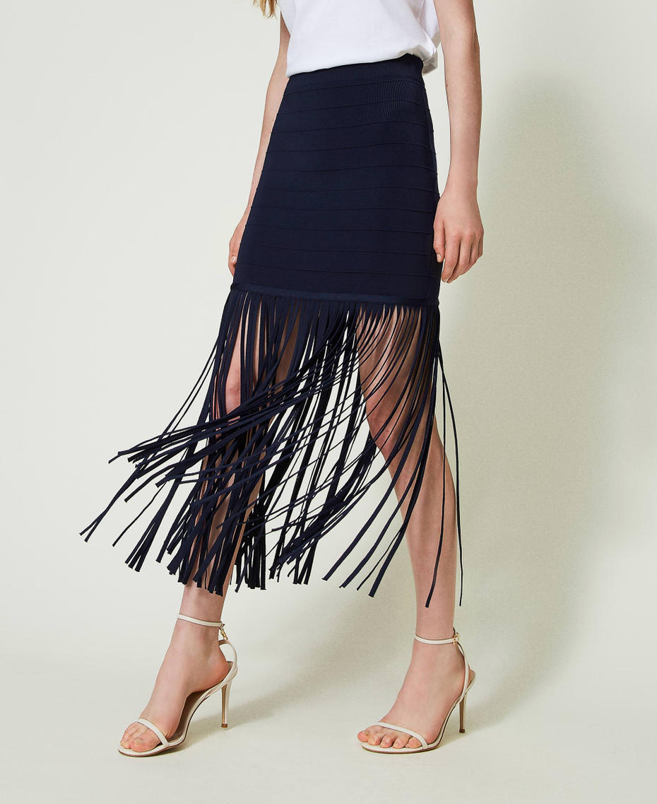 Short fitted knit skirt with fringes Midnight Blue Woman 241TP3351-01