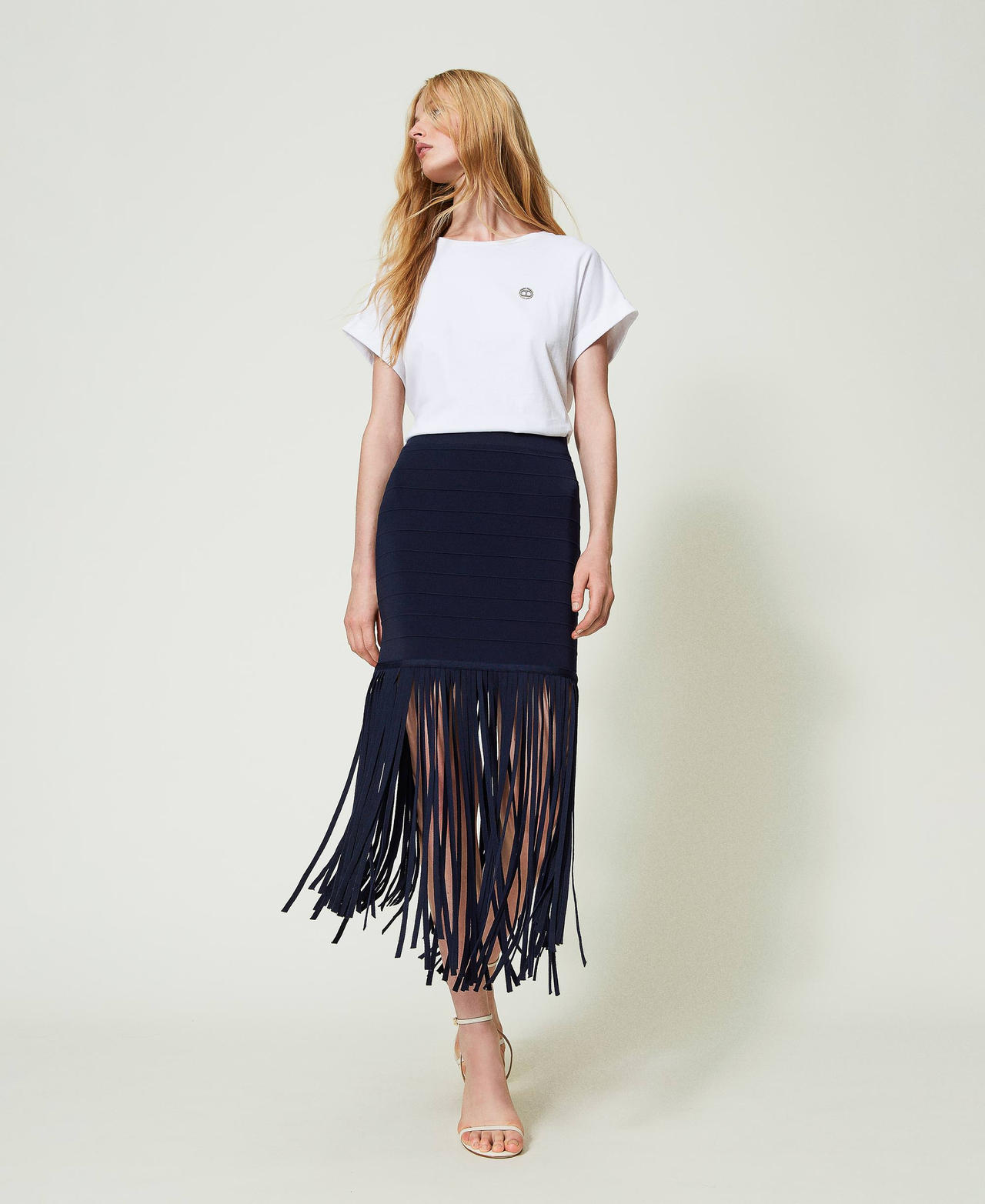 Short fitted knit skirt with fringes Midnight Blue Woman 241TP3351-02