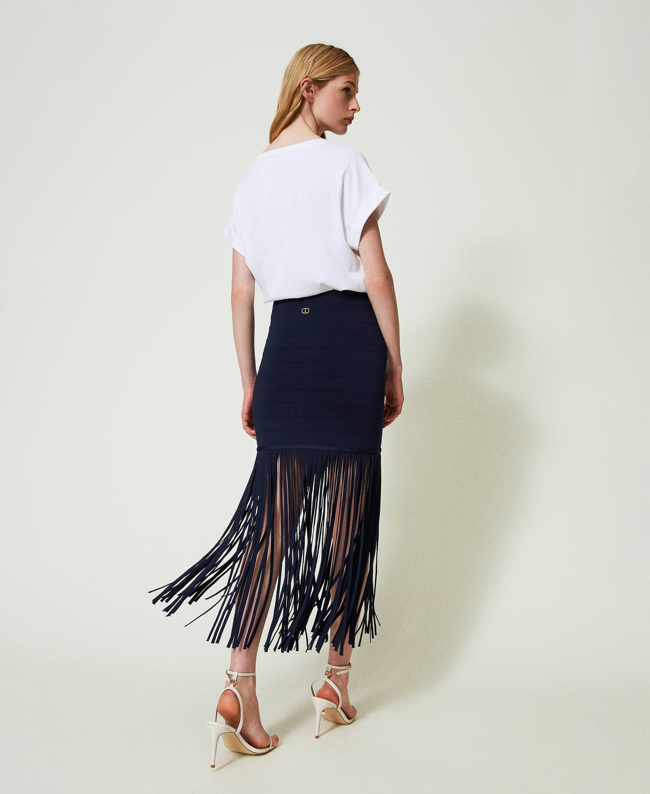 Short fitted knit skirt with fringes Midnight Blue Woman 241TP3351-03