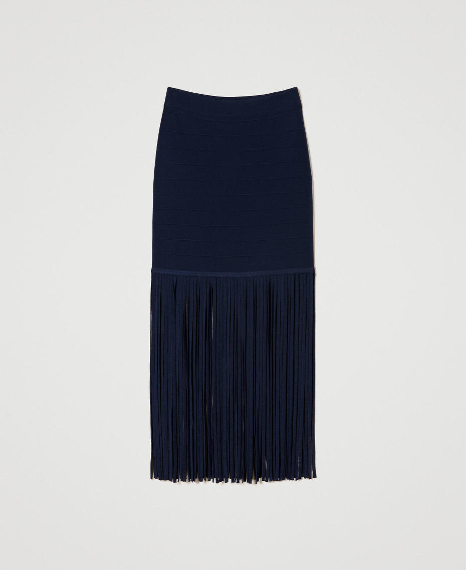 Short fitted knit skirt with fringes Midnight Blue Woman 241TP3351-0S