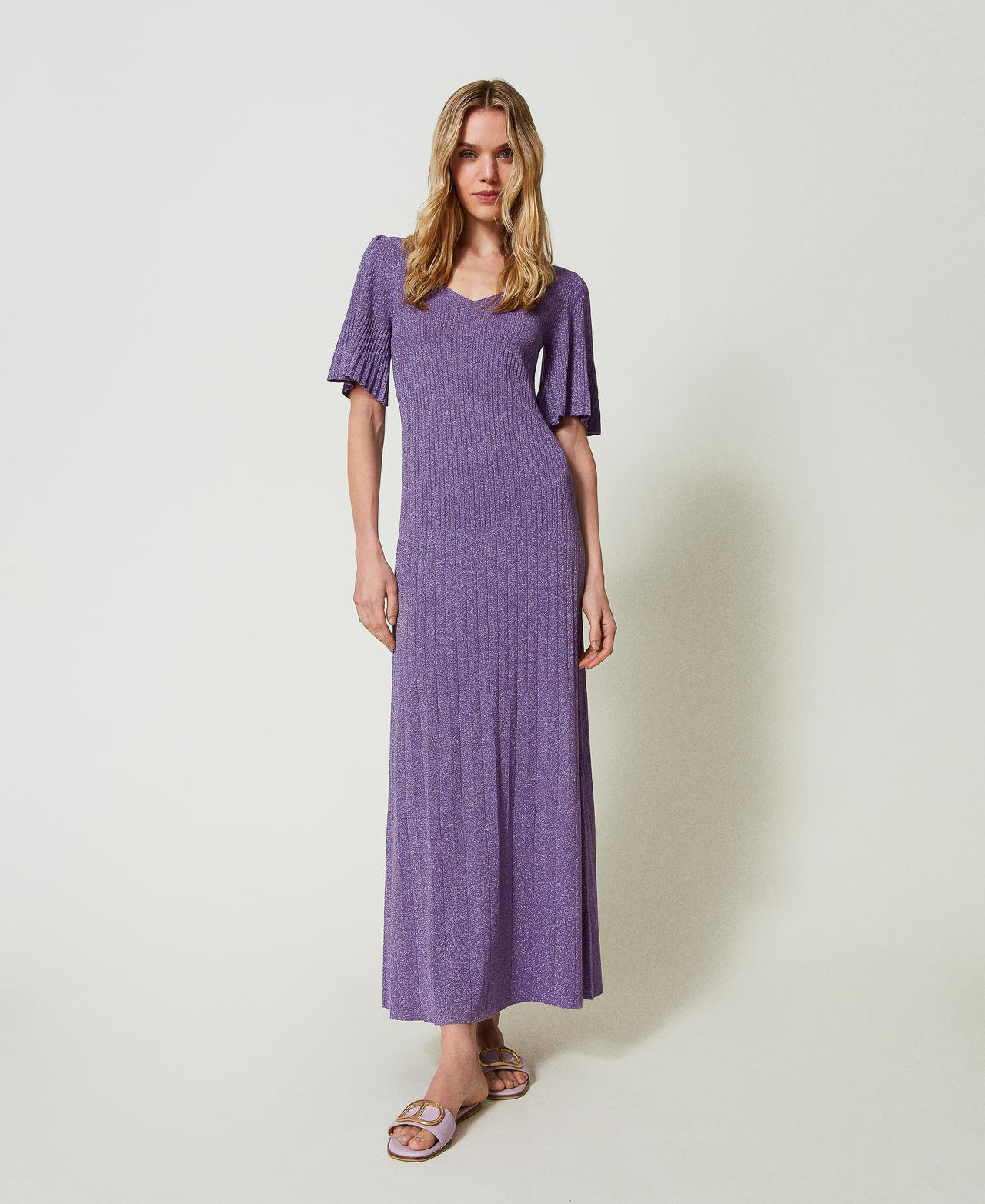 Длинное трикотажное платье в рубчик деграде Фиолетовый "Гиацинт" Люрекс женщина 241TP3402-02
