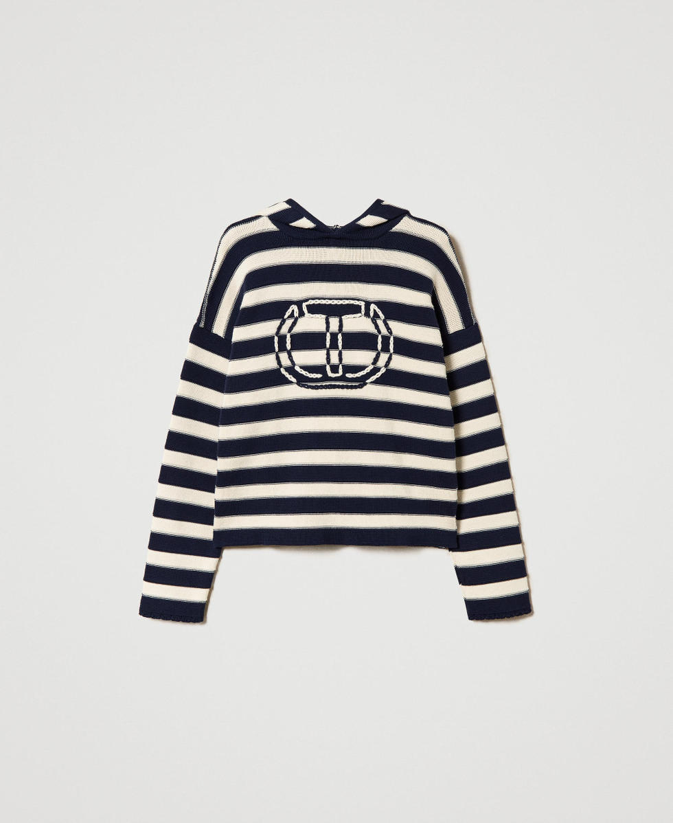 Two-tone striped jumper with Oval T Two-tone Snow / Mid Blue Woman 241TP3410_11463_S0