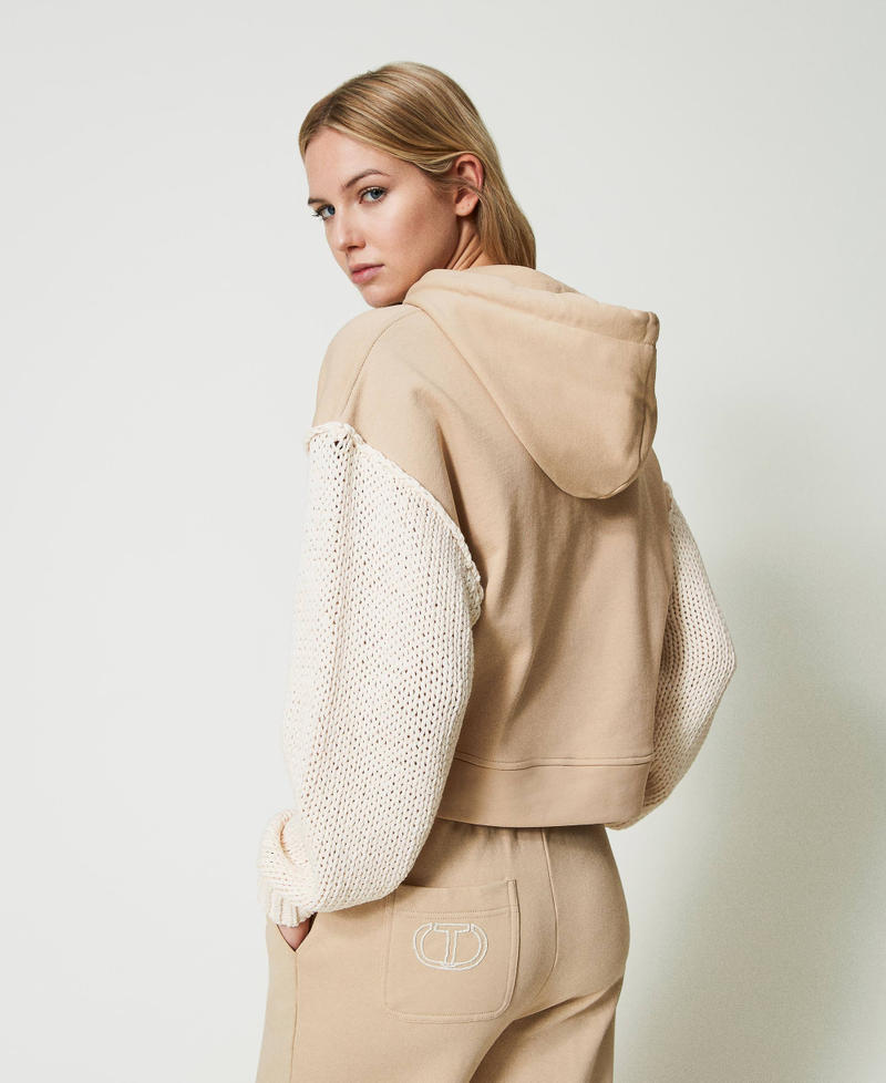 Hoodie with knit sleeves Two-tone “Almond Milk” Beige / Ivory Woman 241TP3434-03