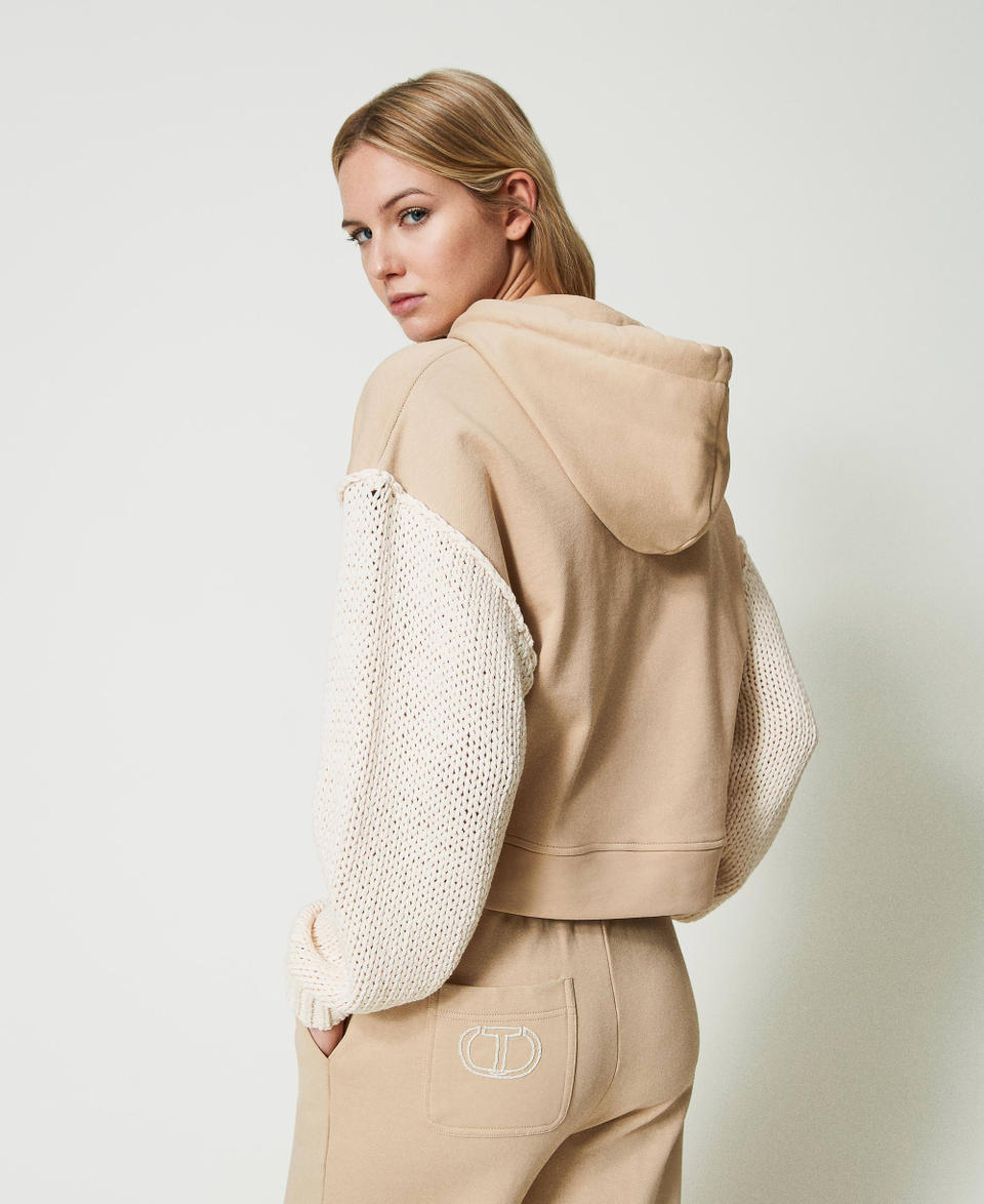 Felpa con maniche in maglia Bicolor Beige "Almond Milk" / Avorio Donna 241TP3434_11485_03
