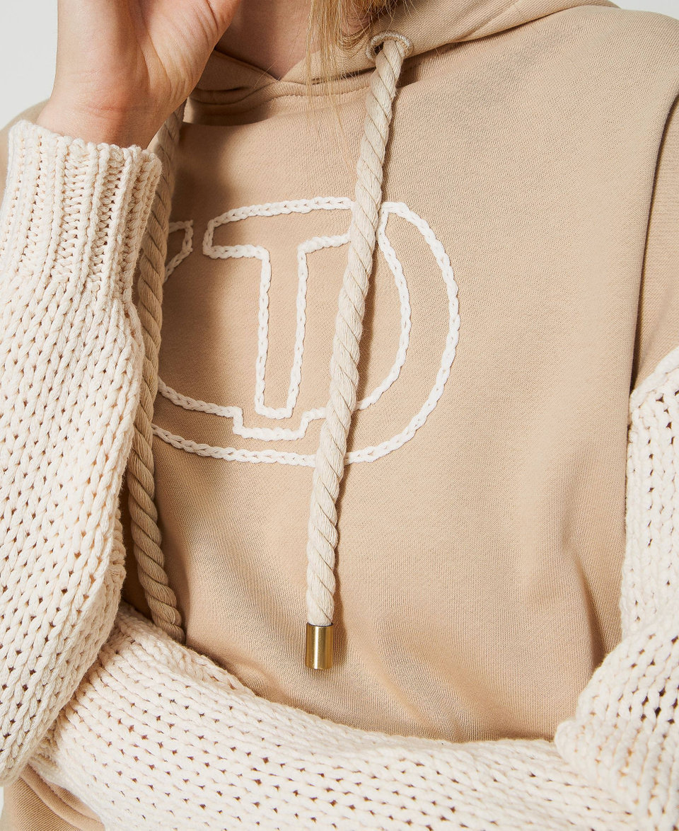 Felpa con maniche in maglia Bicolor Beige "Almond Milk" / Avorio Donna 241TP3434_11485_04