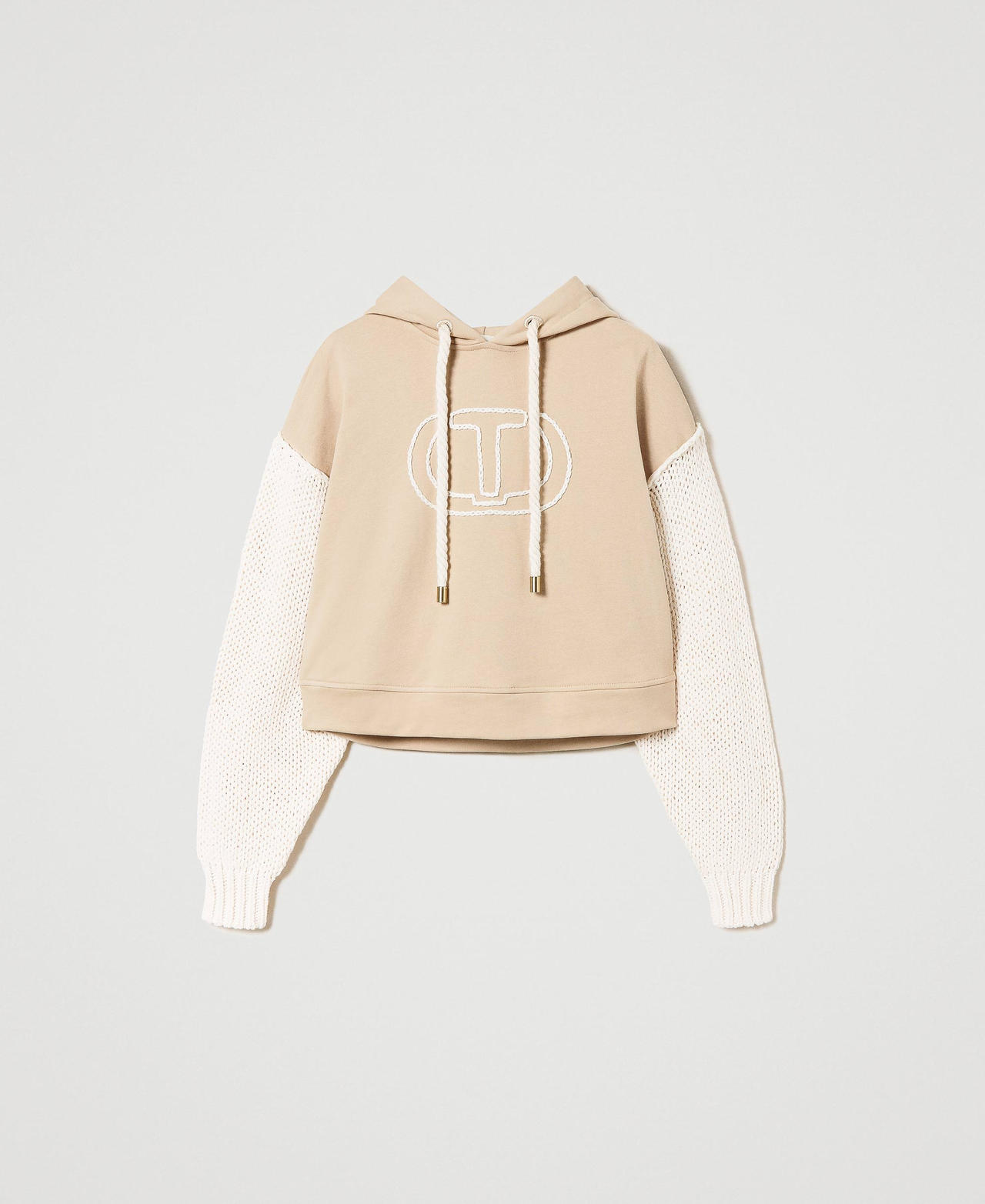 Hoodie with knit sleeves Two-tone “Almond Milk” Beige / Ivory Woman 241TP3434-0S