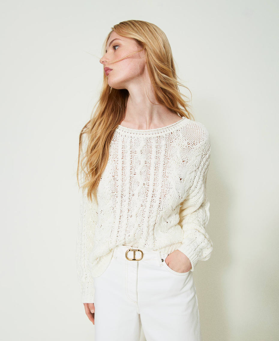 Pull ajouré avec coton bio Femme, Blanc | TWINSET Milano
