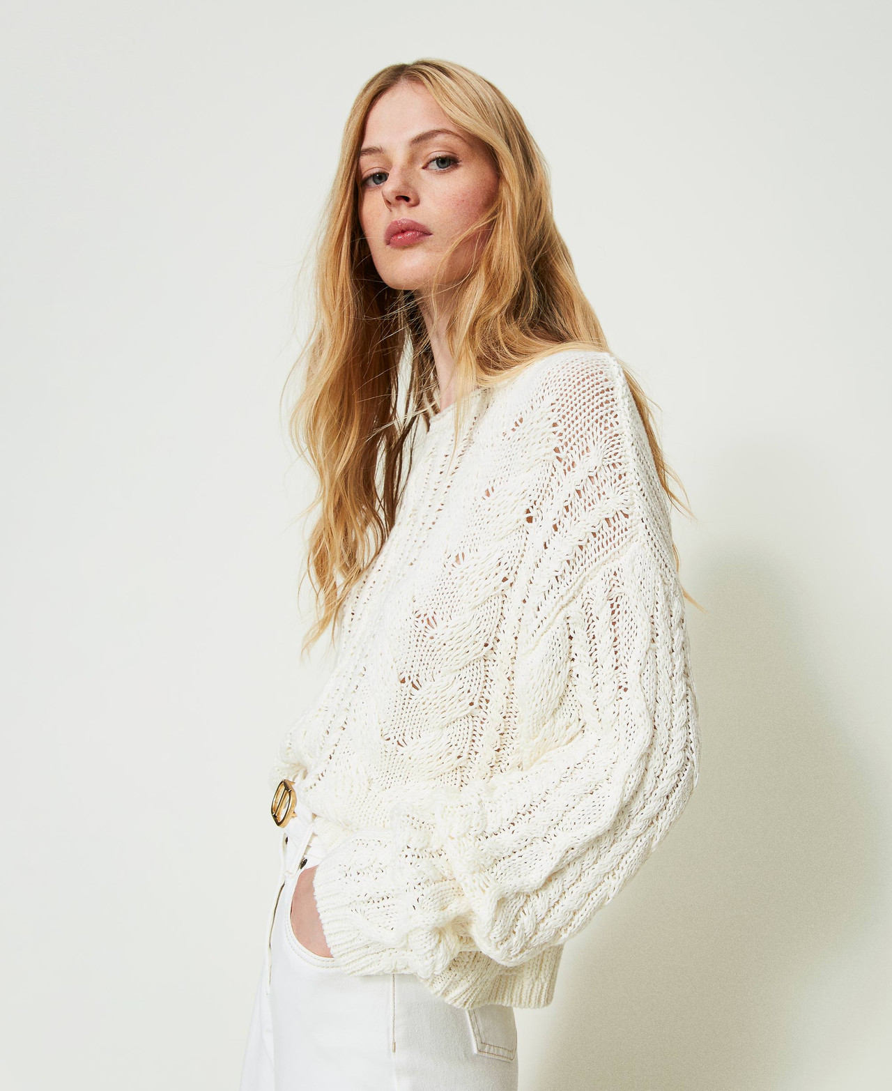 Pull Femme Câblé Blanc 100% Coton - Marque JM Collection, Taille L, état Comme Neuf