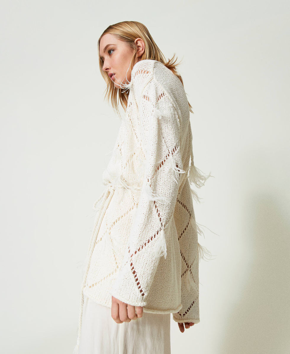 Diamond-pattern cardigan with feathers Woman, White Diamond-pattern cardigan with feathers Woman, White