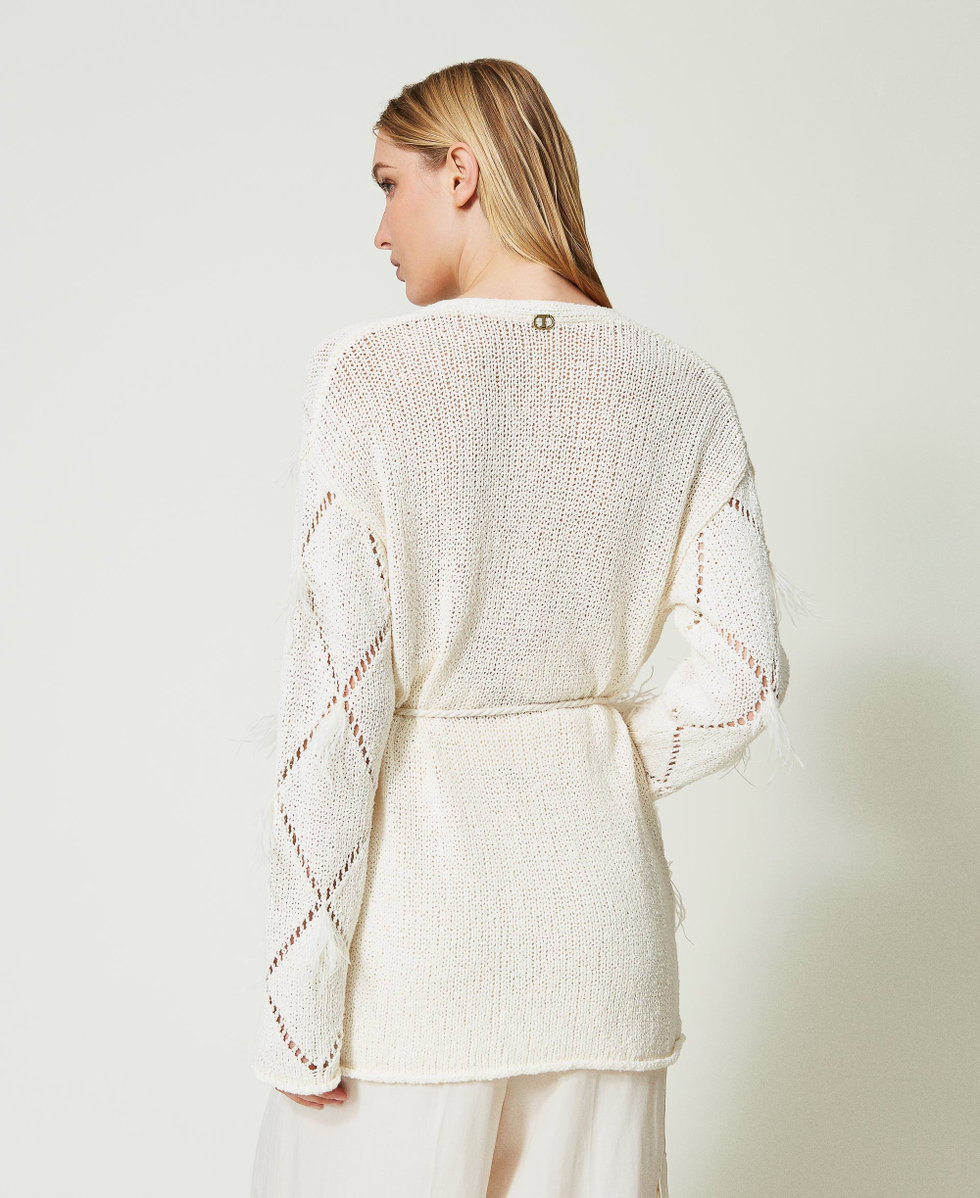 Diamond-pattern cardigan with feathers Woman, White Diamond-pattern cardigan with feathers Woman, White