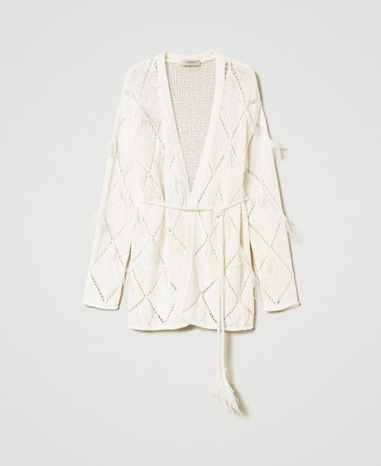 Diamond-pattern cardigan with feathers White Snow Woman 241TP3481-0S