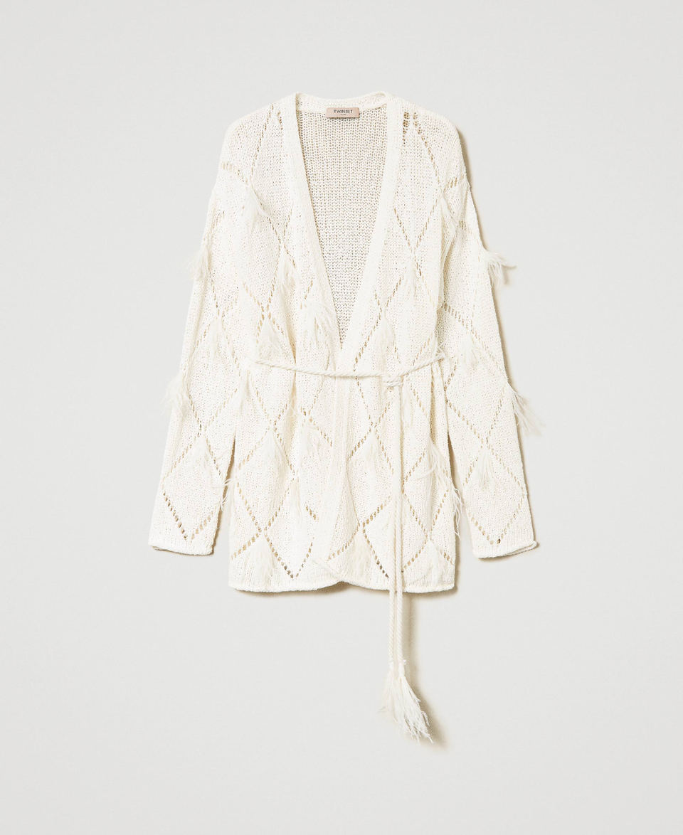 Diamond-pattern cardigan with feathers White Snow Woman 241TP3481_00282_S0