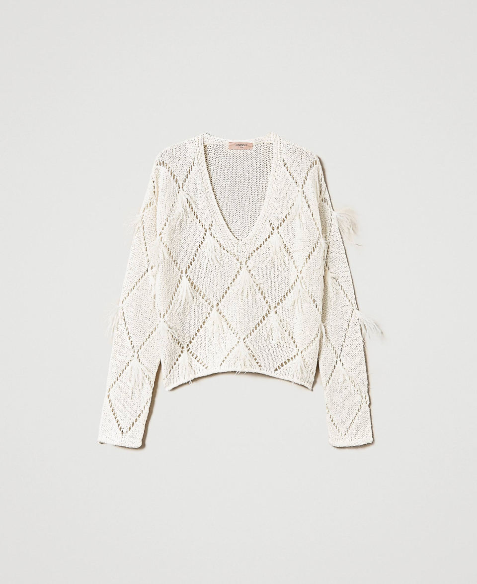 Diamond-pattern jumper with feathers White Snow Woman 241TP3482_00282_0S