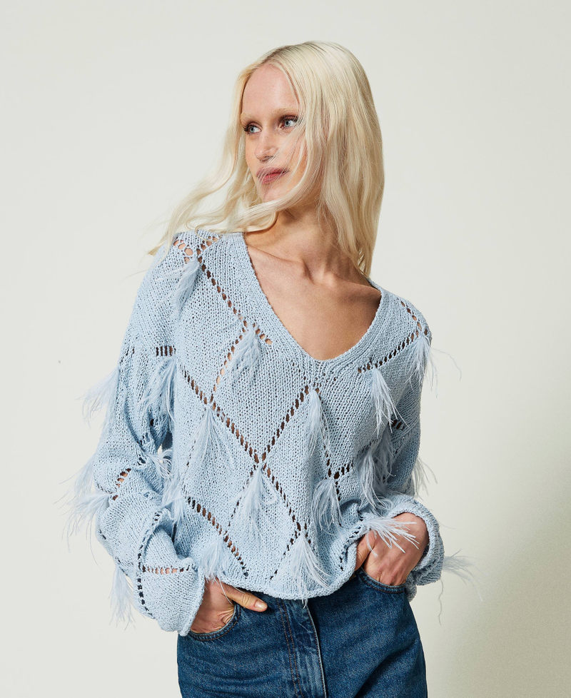 Maglia a losanghe con piume Azzurro "Blue Tear" Donna 241TP3482_11307_01