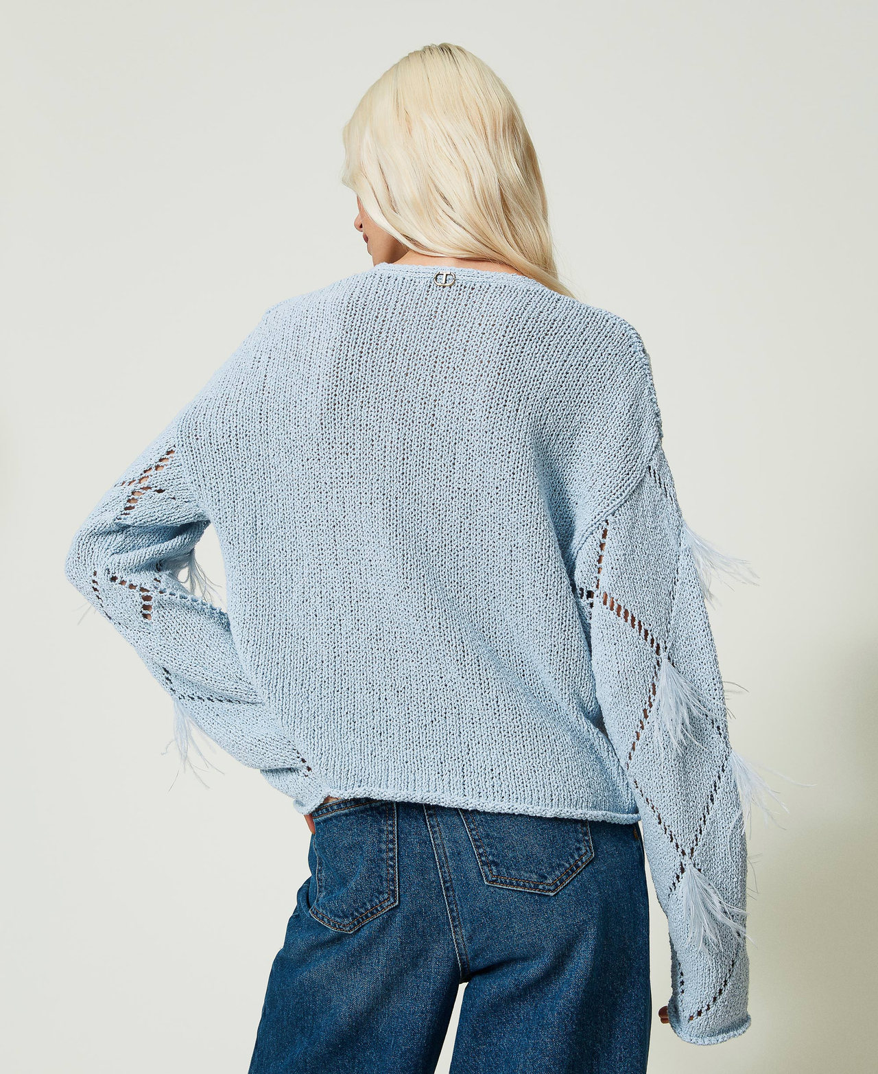 Diamond-pattern jumper with feathers "Blue Tear" Light Blue Woman 241TP3482_11307_03
