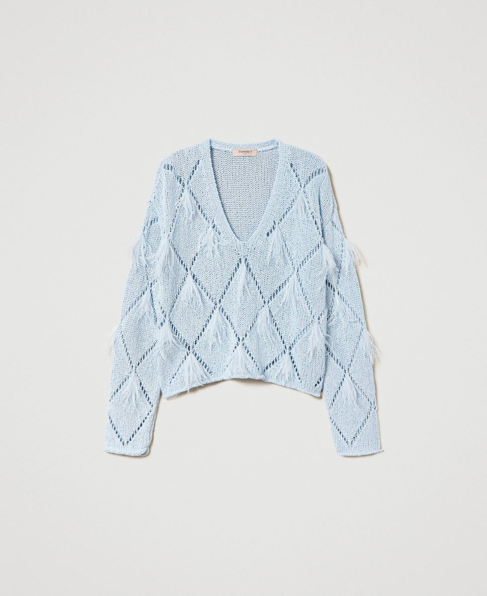 Diamond-pattern jumper with feathers "Blue Tear" Light Blue Woman 241TP3482_11307_S0