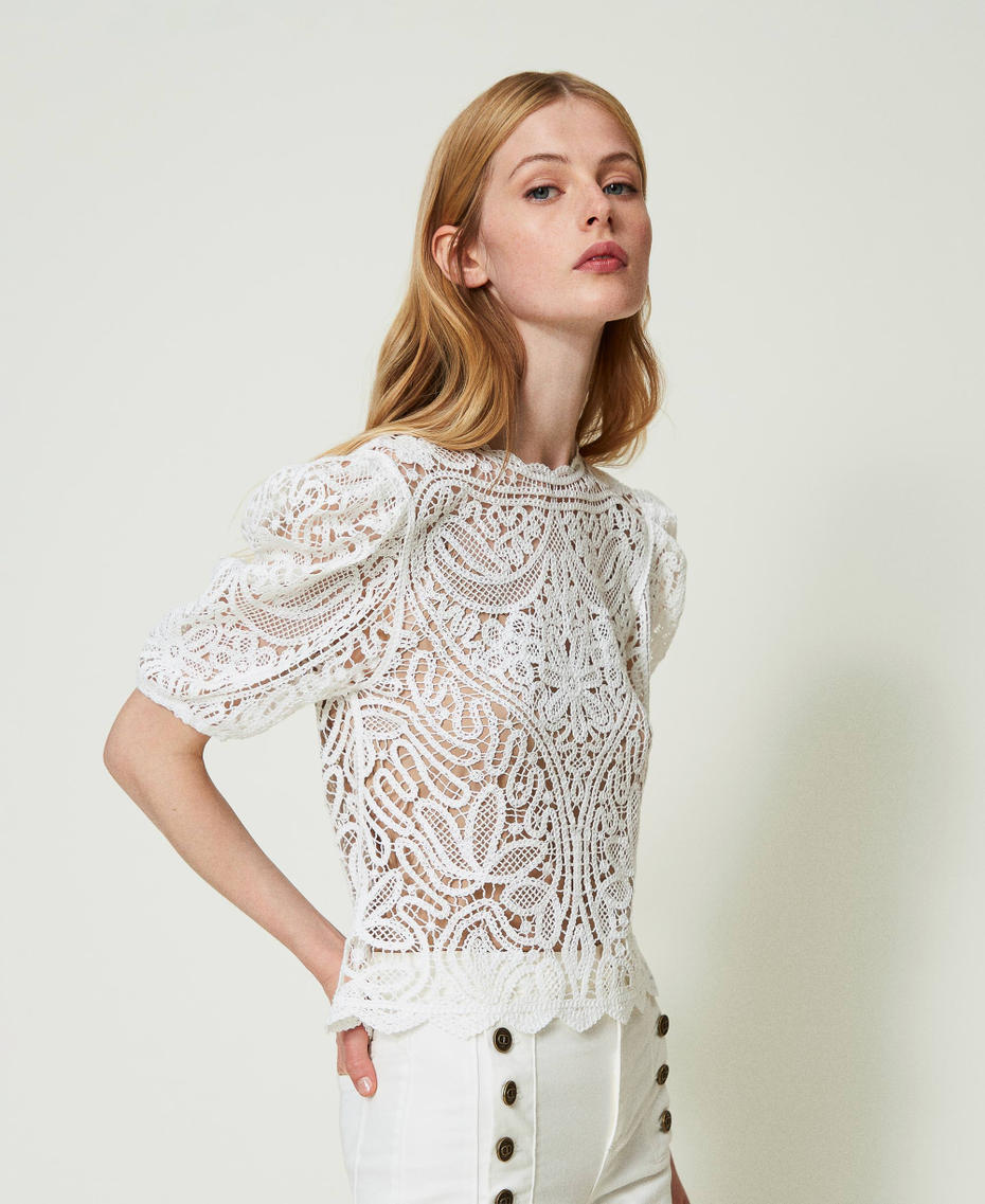 Lace-like crochet jumper with balloon sleeves Woman, White | TWINSET Milano