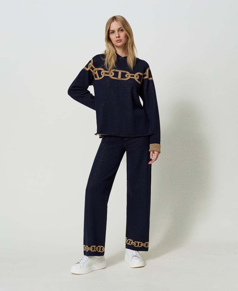 Jacquard knit trousers with chains Mid Blue and Lurex Chains Jacquard Woman 241TP3521-01