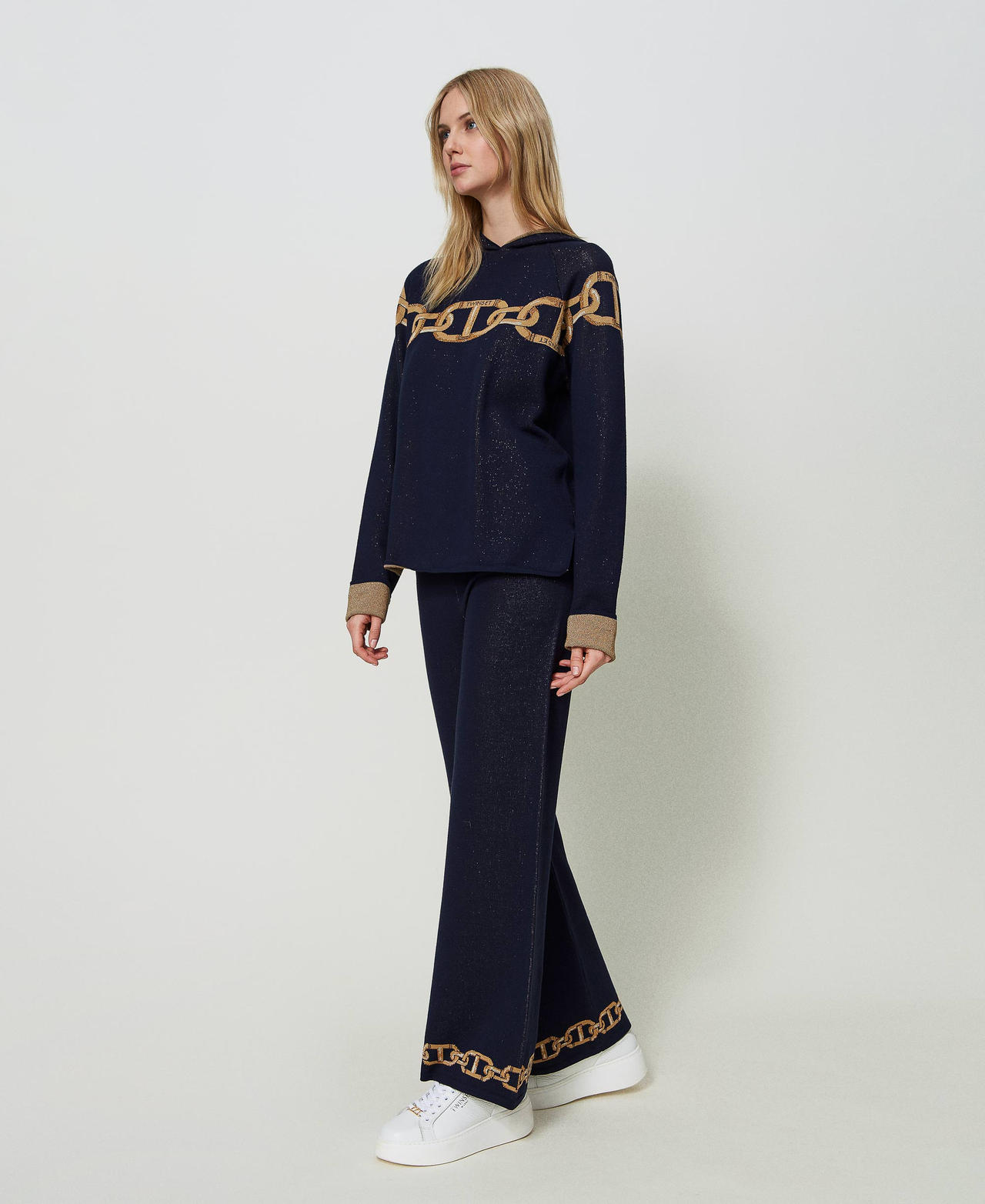 Jacquard knit trousers with chains Mid Blue and Lurex Chains Jacquard Woman 241TP3521-02