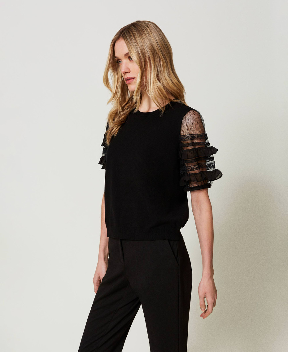Pull Femme S.Oliver Noir Manches Dentelle - Taille 38, Occasion Très Bon état, Style Chic