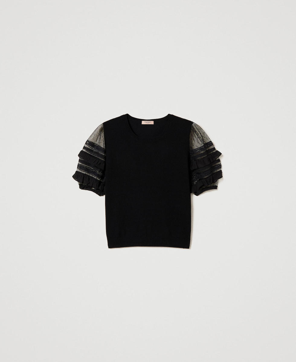 Maglia con maniche in tulle e pizzo Donna Nero TWINSET Milano