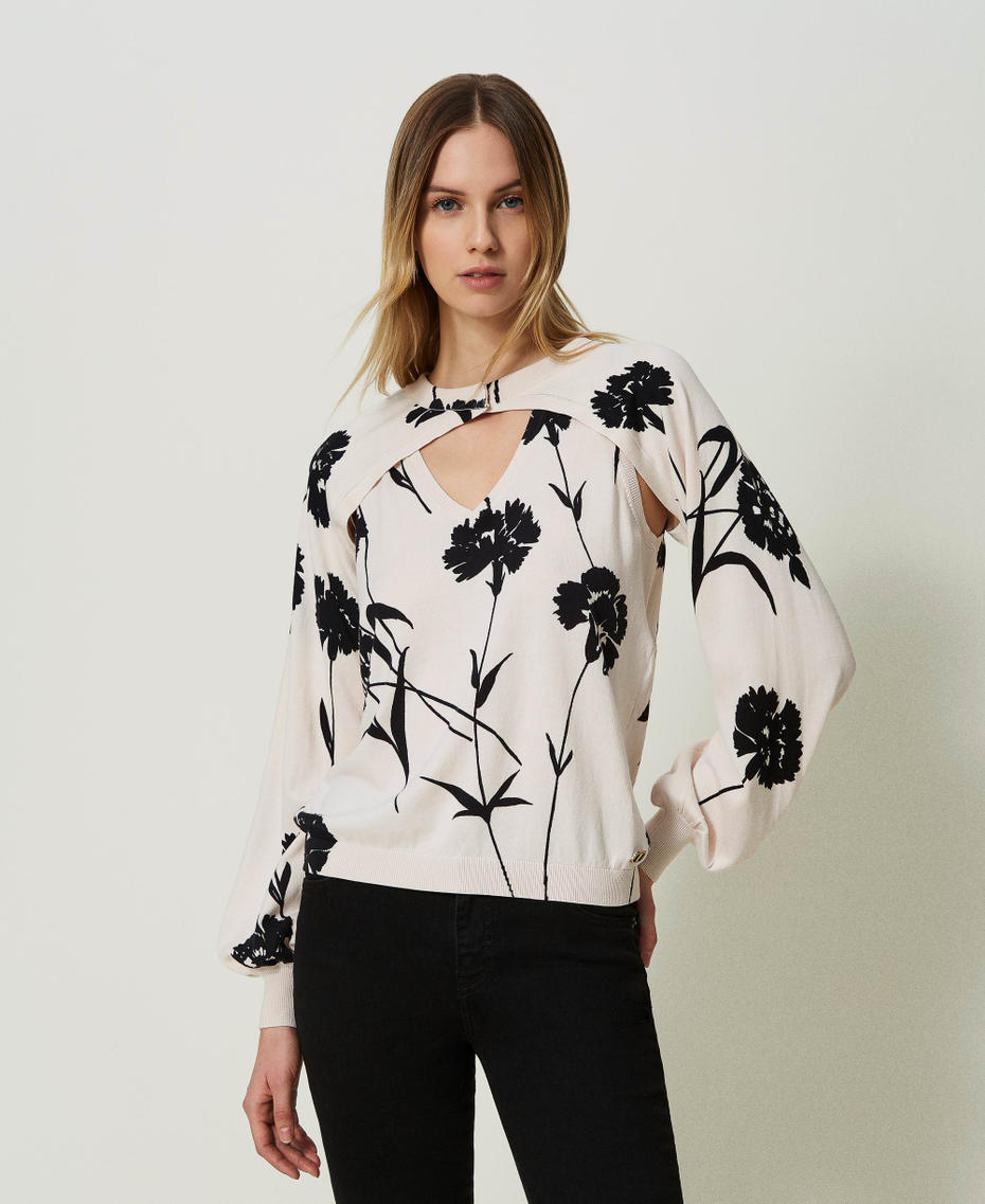 Printed knit shrug and top Black / Snow Carnation Print Woman 241TP3550-01