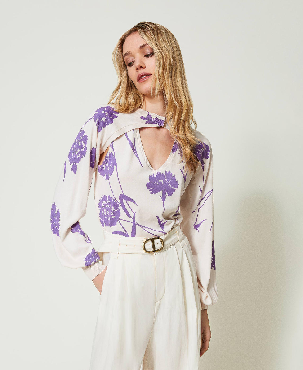 Printed knit shrug and top Wisteria / Snow Carnation Print Woman 241TP3550_11450_01