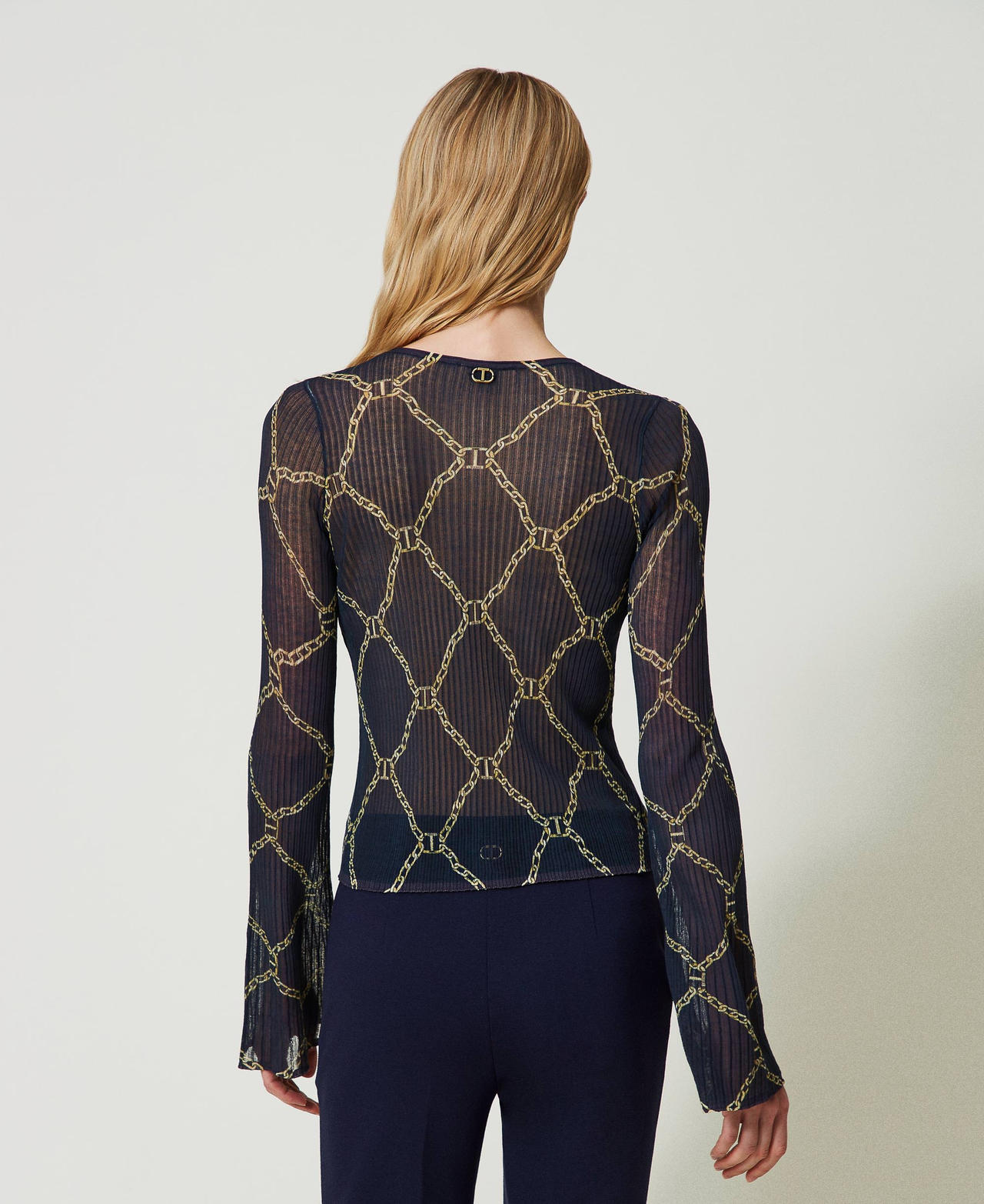 Fitted jumper with chain print Mid Blue Chain Oval T Print Woman 241TP3590_11529_03