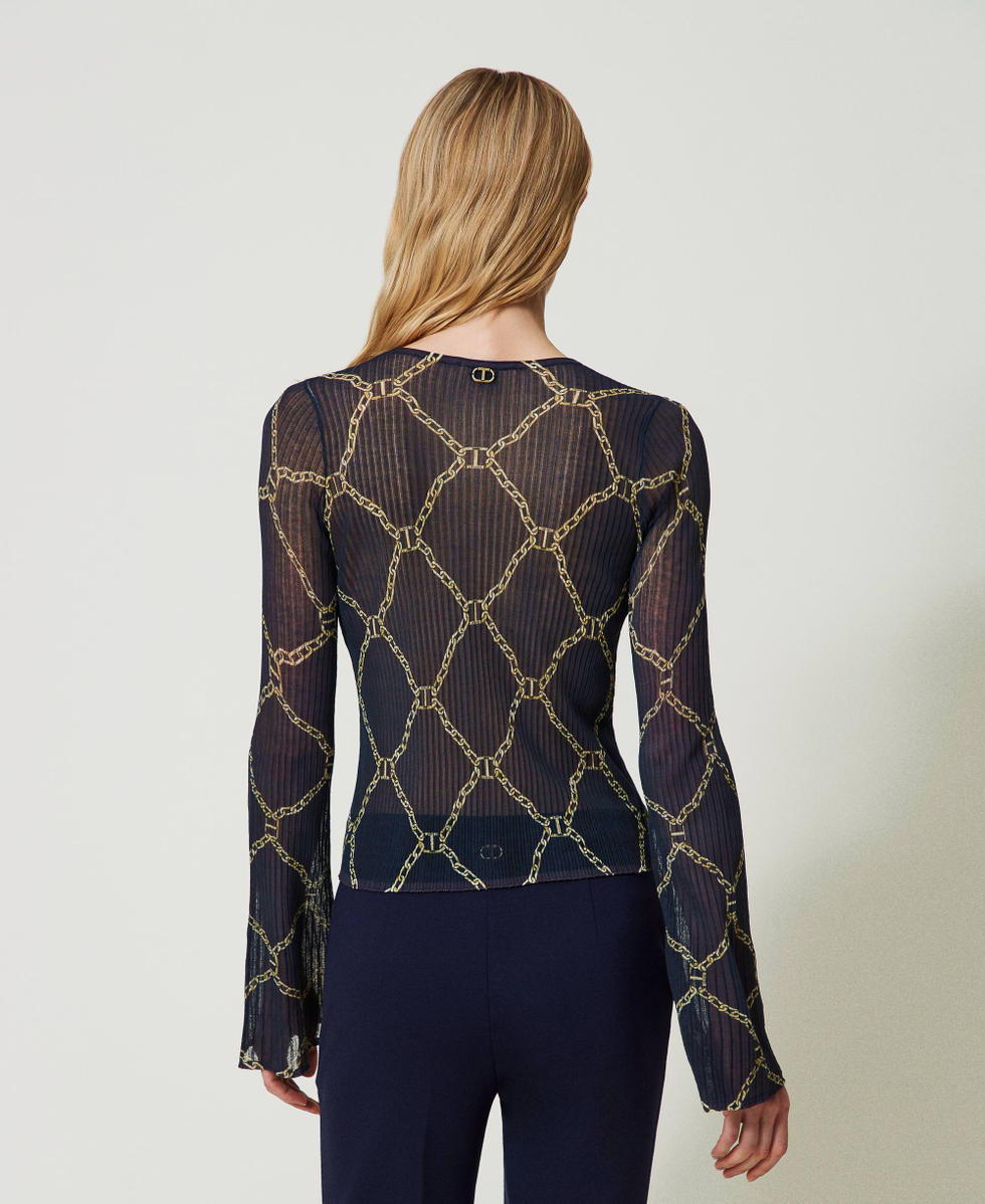 Fitted jumper with chain print Mid Blue Chain Oval T Print Woman 241TP3590_11529_03