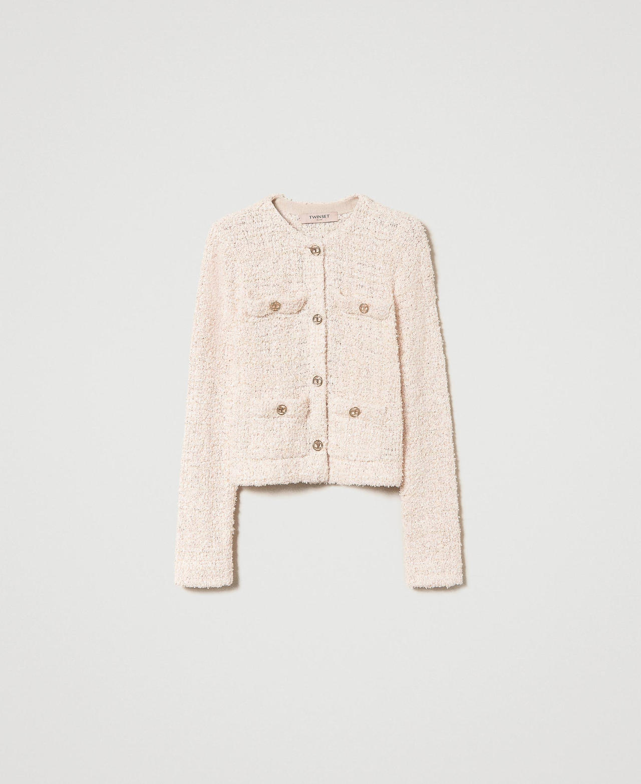 twinset giacche e capispalla - giacca in maglia boucl con bottoni oval t, jacquard boucle cupcake pink, paillettes, taglia: s donna