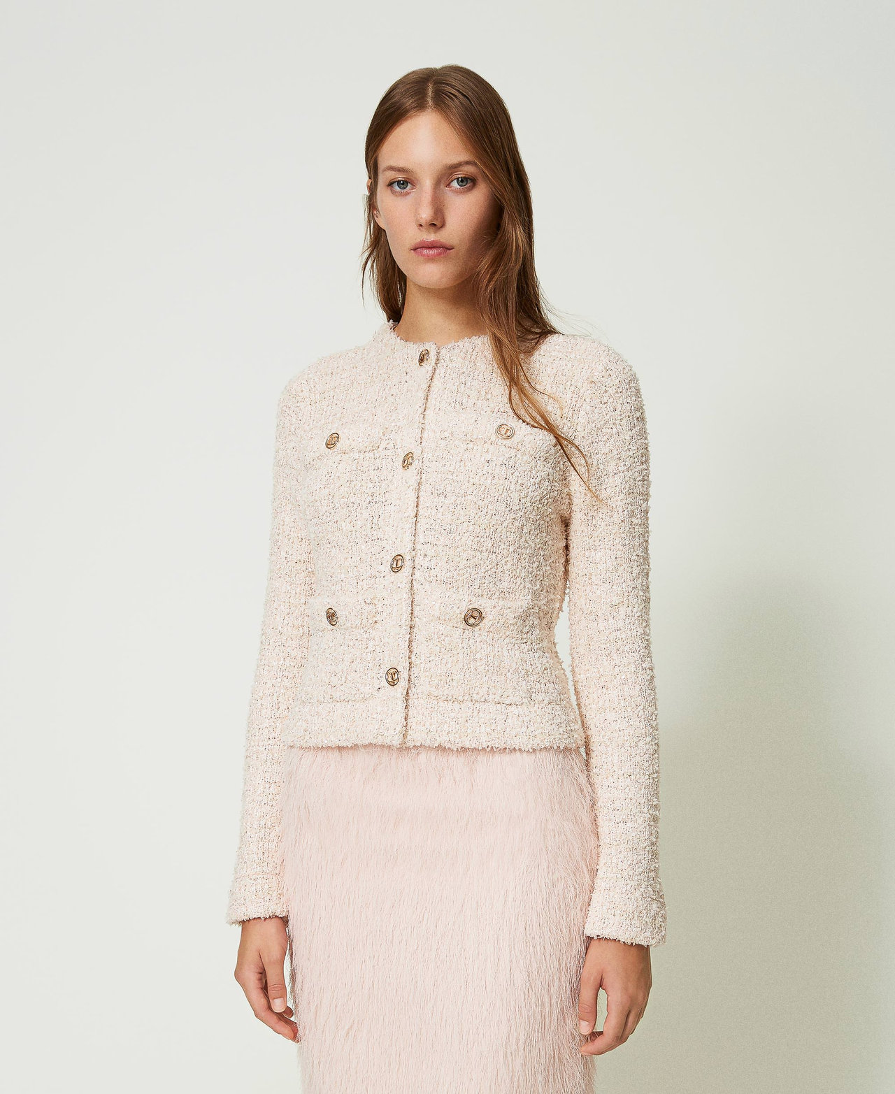 Bouclé knit jacket with Oval T buttons Cupcake Pink Bouclé’ Jacquard Woman 241TP3601-02