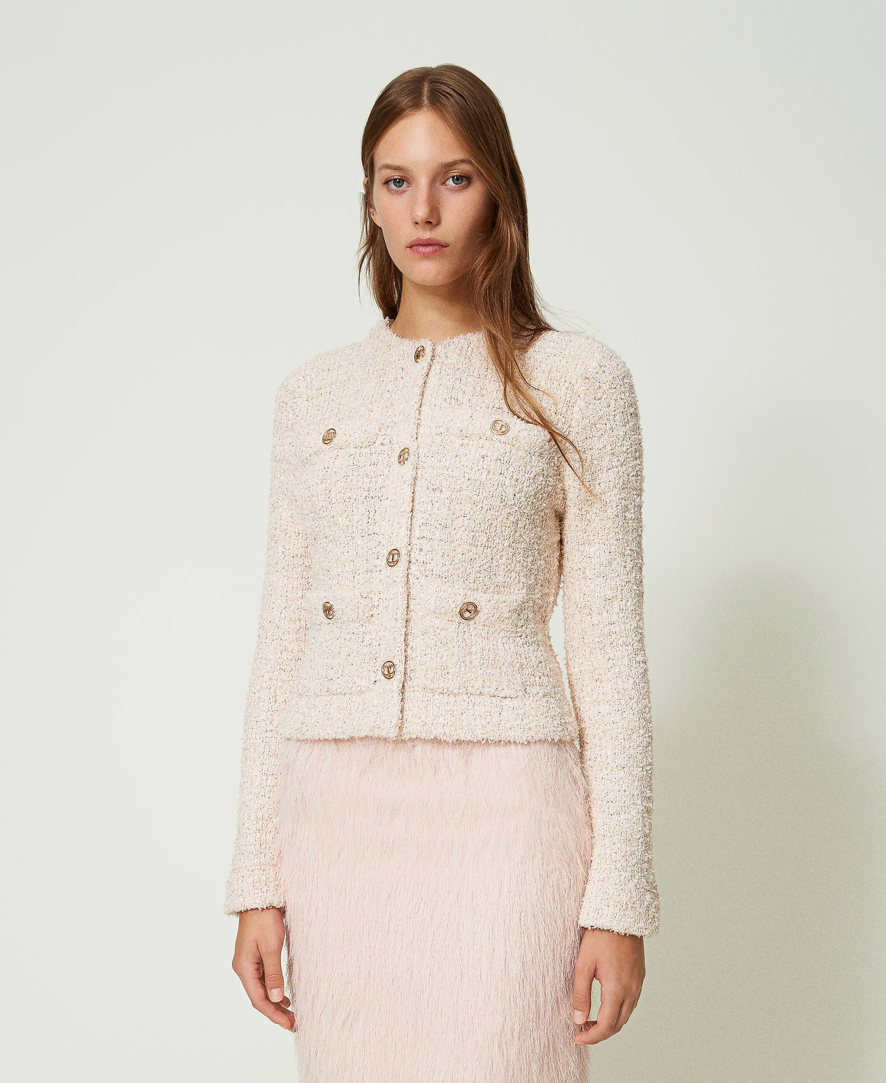 Bouclé knit jacket with Oval T buttons