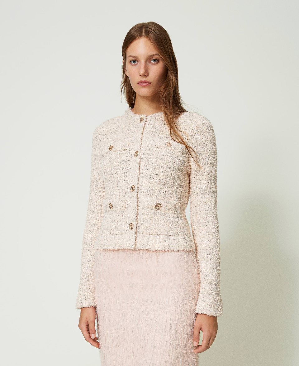 Jacke aus Boucléstrick mit „Oval T“-Knöpfen Jacquard Bouclé Cupcake Pink Frau 241TP3601_11534_02