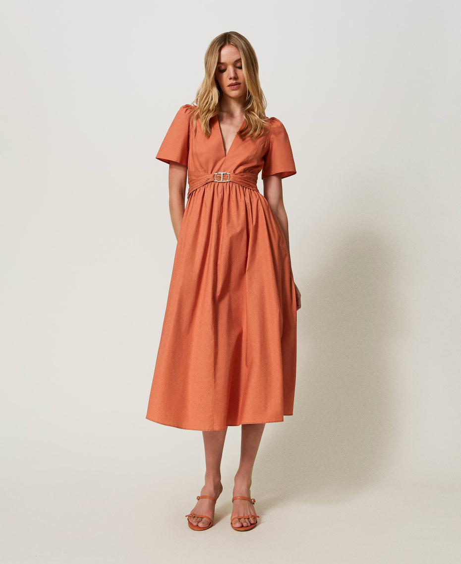 Midi poplin dress with Oval T "Canyon Sunset" Orange Woman 241TT2020-01