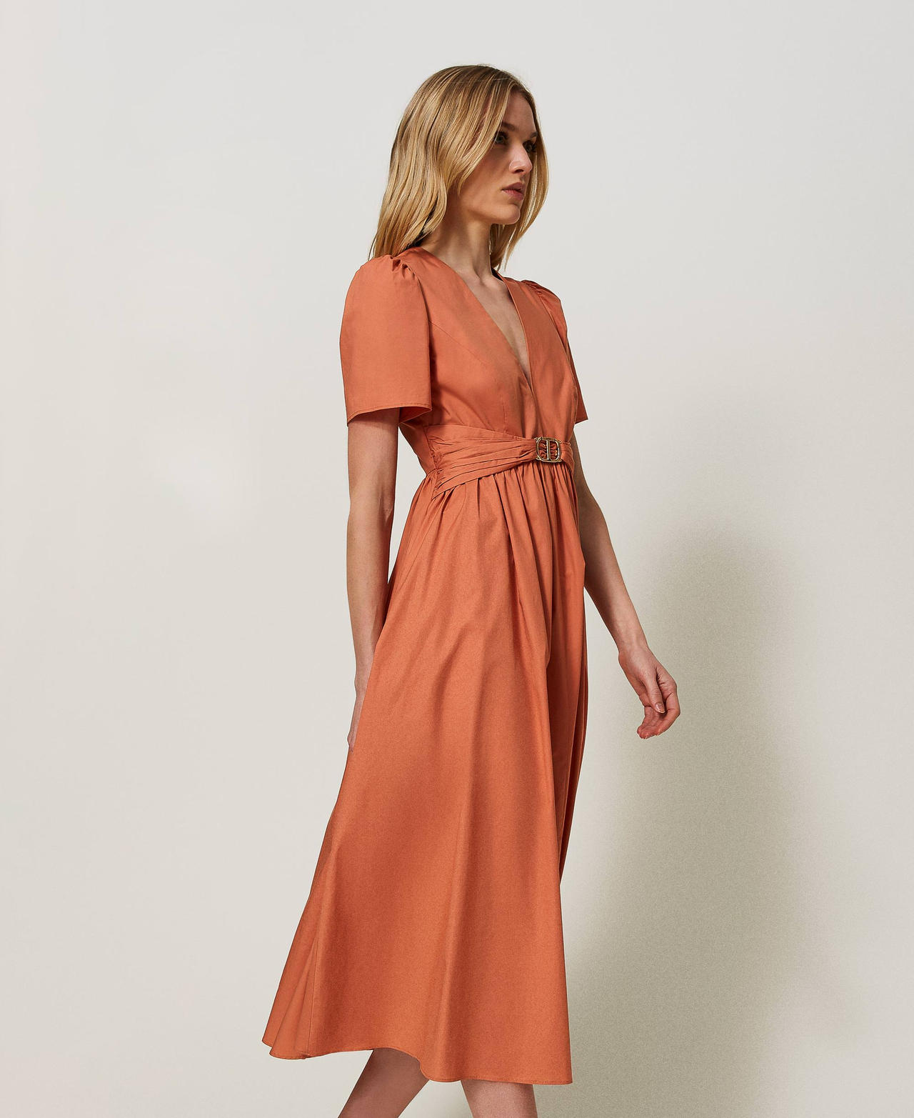 Midi poplin dress with Oval T "Canyon Sunset" Orange Woman 241TT2020-02