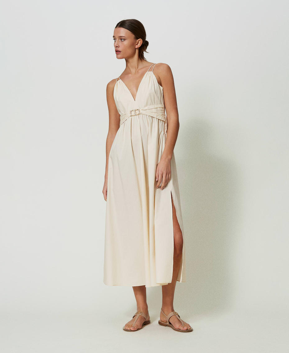 Long poplin dress with Oval T and laces "Parchment" Beige Woman 241TT2021-01