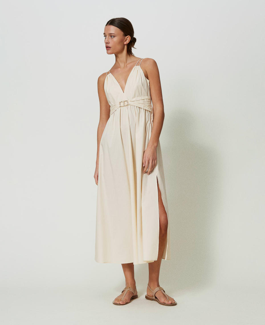 Long poplin dress with Oval T and laces "Parchment" Beige Woman 241TT2021_07222_01