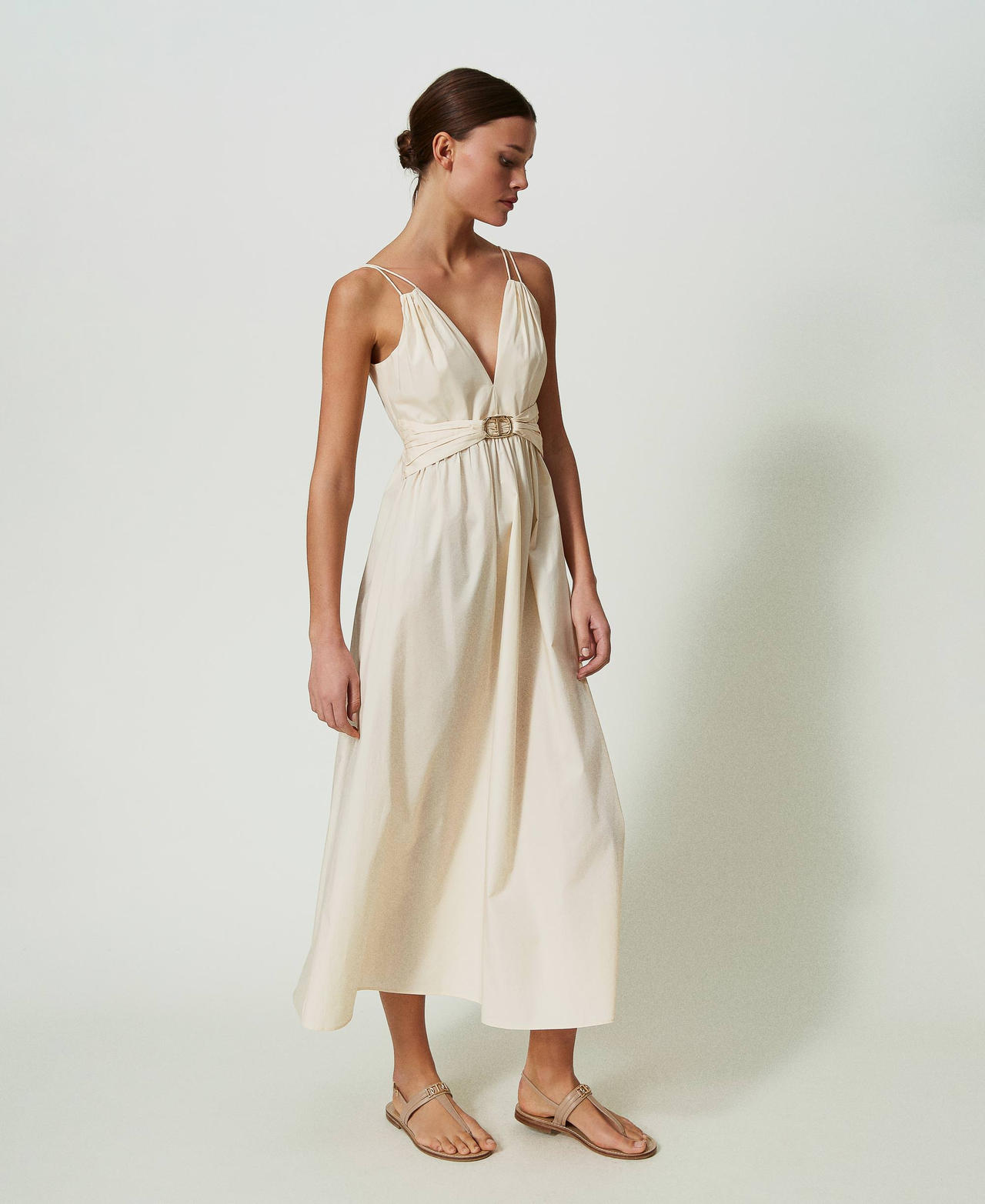 Long poplin dress with Oval T and laces "Parchment" Beige Woman 241TT2021-02