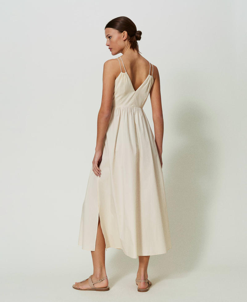 Long poplin dress with Oval T and laces "Parchment" Beige Woman 241TT2021-03