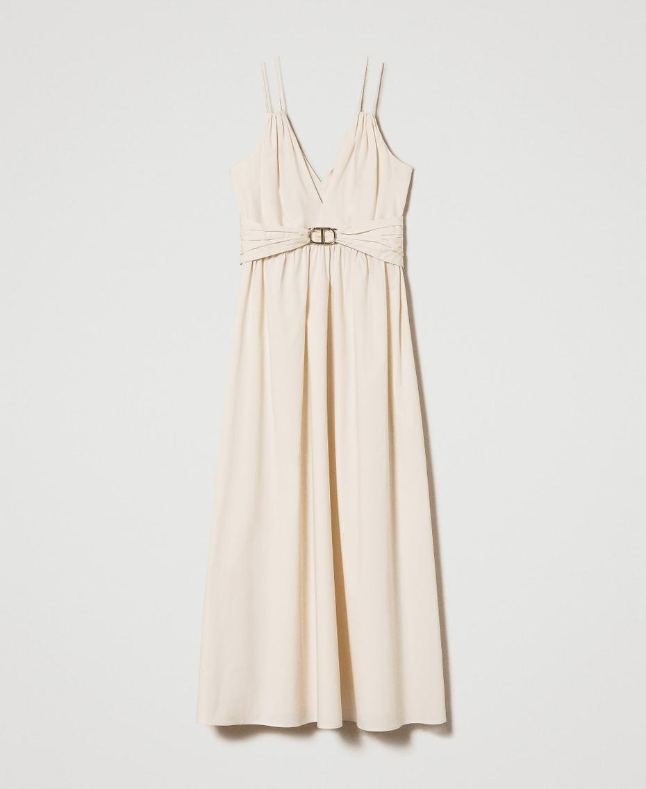Long poplin dress with Oval T and laces "Parchment" Beige Woman 241TT2021-0S