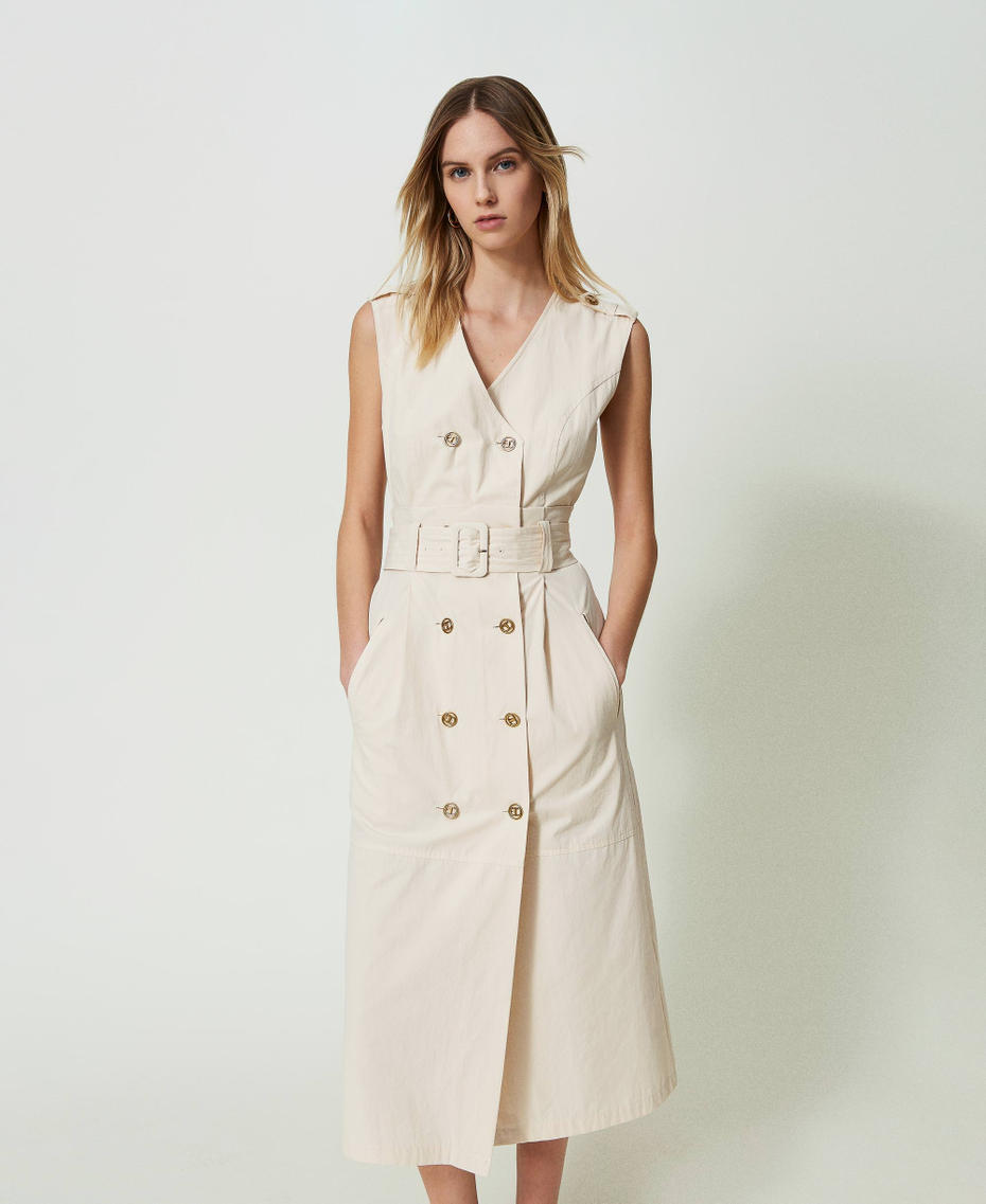 Double-breasted midi poplin dress
