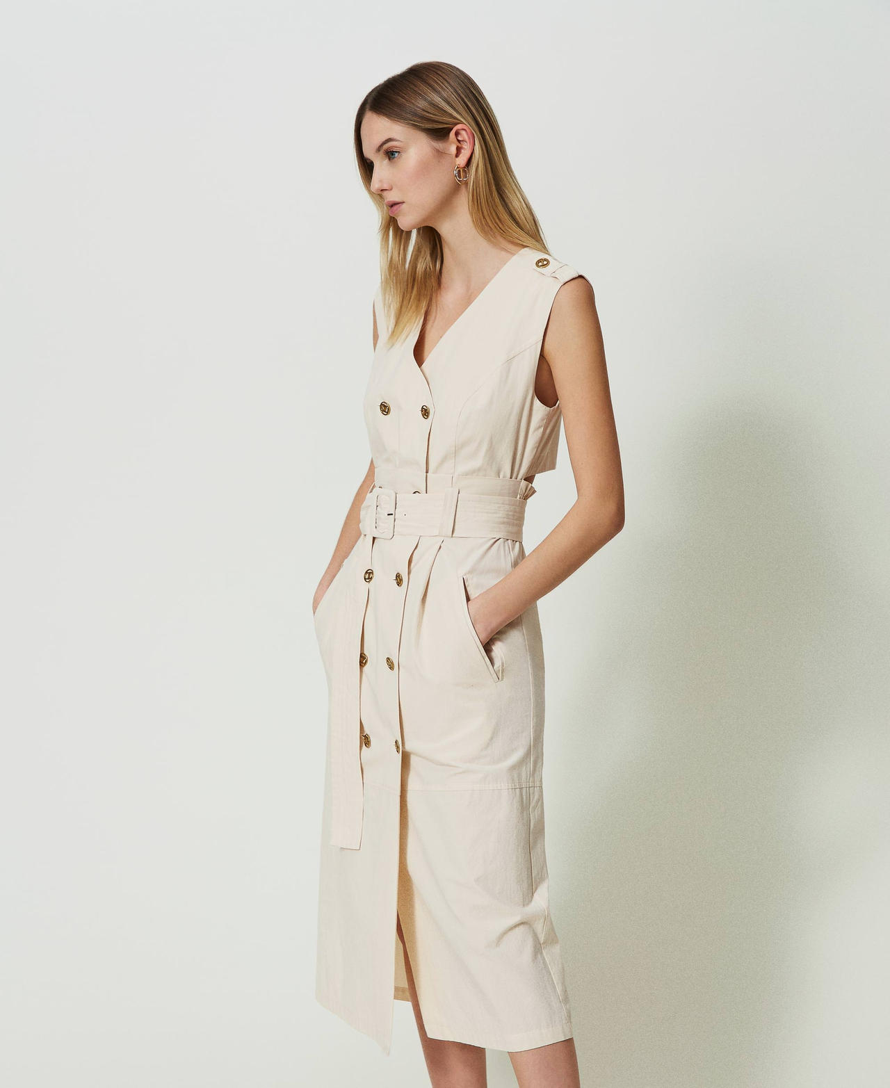 Double-breasted midi poplin dress