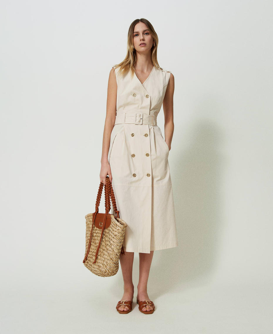 Double-breasted midi poplin dress "Parchment" Beige Woman 241TT2050_07222_T0